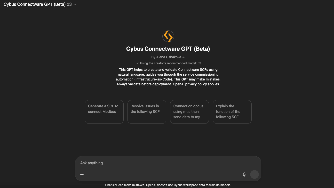 Cybus Connectware GPT start screen