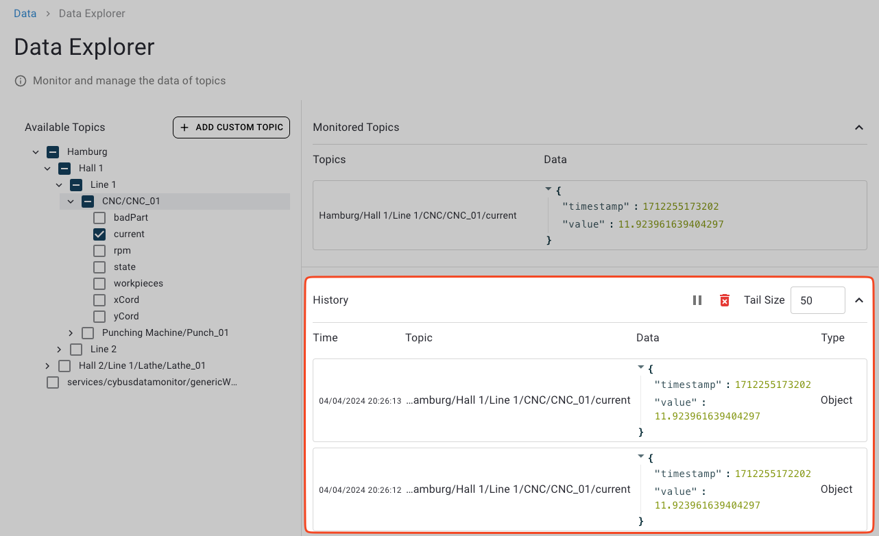 Screenshot of History log section